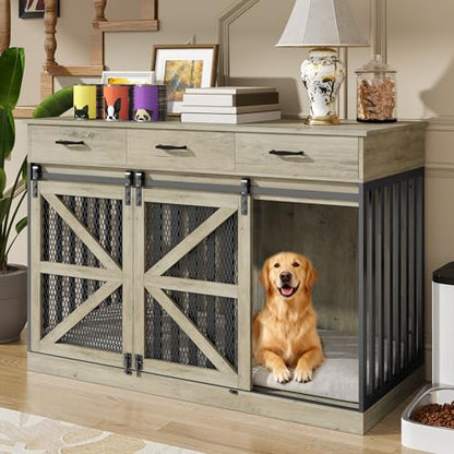 48 Inch Large Dog Crate Furniture with 3 Storage Drawers, view 4