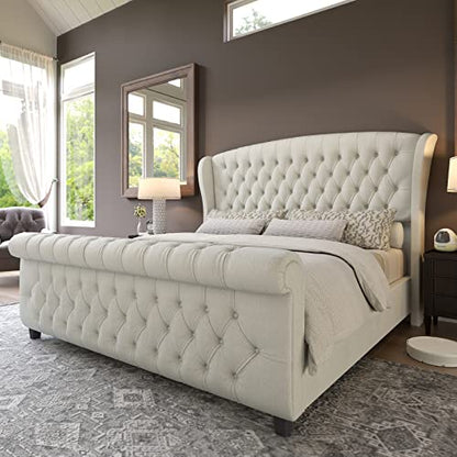 Queen Size Upholstered Sleigh Bed Frame with Wingback Headboard, view 2