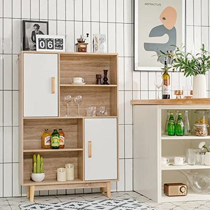 Storage Cabinet with Legs, Floor Cabinet with Doors, Shelves, Anti-Tipping Device, 4-Tier Bookshelf for Books & Photos, Tall Cupboard in Living Room, Kitchen Buffet Sideboard