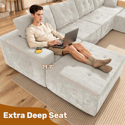 143" Modular Sectional Sofa for Living Room, Convertible U-Shape Couch with Ottoman, 6 Seater Modular Sectional Sofa,Beige Corduroy