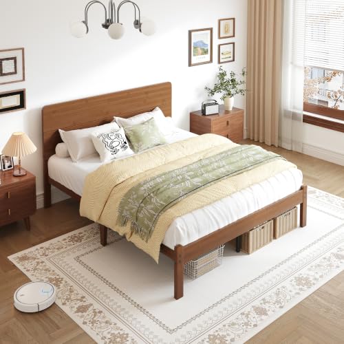 14" Queen Size Bamboo Wood Platform Bed Frame with Headboard, Brown, view 5