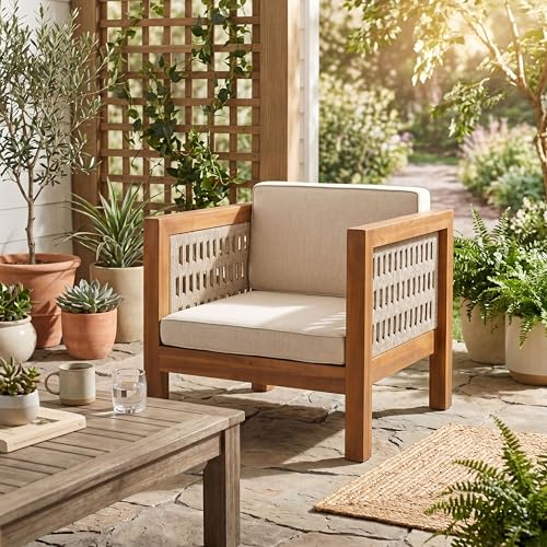 Emme Acacia Wood Lounge Chair Outdoor with Removable Cushion, Wooden Patio Accent Chair with Woven Rope Details, Outdoor Armchair for Patio Furniture Set, Teak+Beige