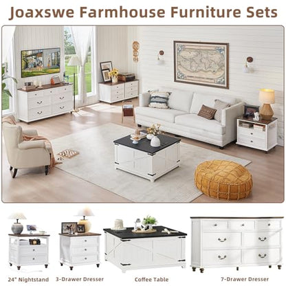 24" Wide Farmhouse Nightstand with Charging Station Set of 2,54" 7 Drawers Dresser, 45" Tall Rustic Chests of 5 Drawers, Farmhouse Furniture Series for Bedroom,White
