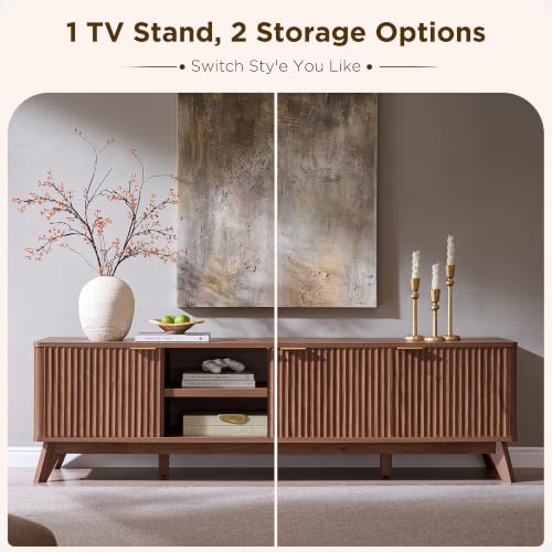 70" Mid Century Modern Fluted TV Stand,4-Door Storage, Light Walnut, view 4