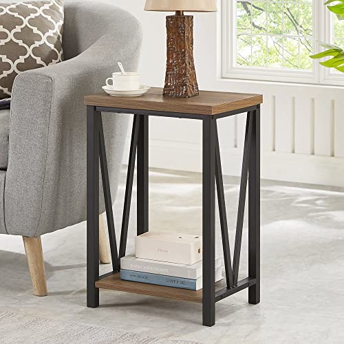 Side Table with Storage Shelf, Rustic End Table for Living Room, Wood and Metal Nightstand for Bedroom, Oak