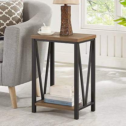 Side Table with Storage Shelf, Rustic End Table for Living Room, Wood and Metal Nightstand for Bedroom, Oak
