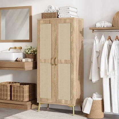 Tall Bathroom Storage Cabinet 57" Rattan Pantry Cabinet, Wood | With Doors and Adjustable Shelves, Freestanding Linen Closet & Wardrobe for Bathroom Laundry Bedroom, Anti-Tipping Device