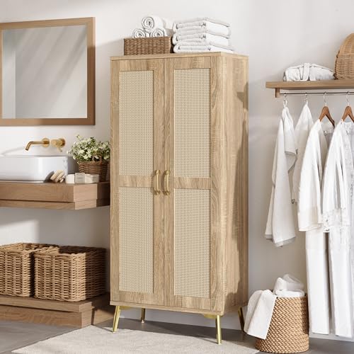 Tall Bathroom Storage Cabinet 57" Rattan Pantry Cabinet, Wood | With Doors and Adjustable Shelves, Freestanding Linen Closet & Wardrobe for Bathroom Laundry Bedroom, Anti-Tipping Device