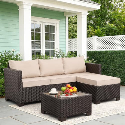 Patio Furniture Set 3 Piece Outdoor Sectional Sofa Set with Wicker Couch, Ottoman, Patio Table All-Weather Non-Slip Cushions and Waterproof Covers, Khaki