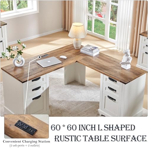 60" Farmhouse L Shaped Executive Desk, Antique White, view 4