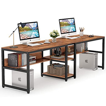 Tribesigns Two Person Desk with Bookshelf, 78.7 Computer Office Double Desk for Two Person, Rustic Writing Desk Workstation with Shelf for Home Office (Brown)