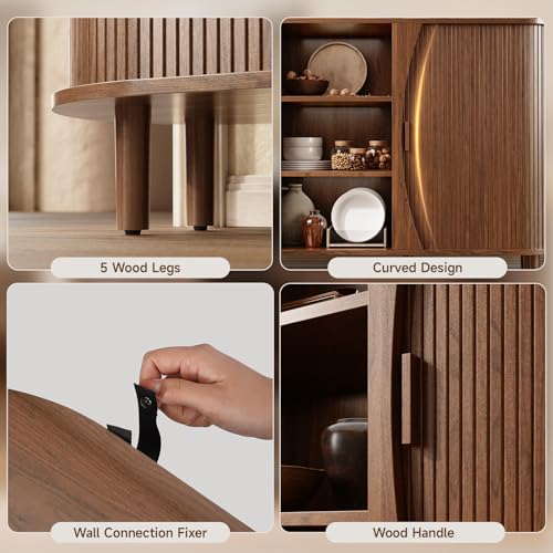 59" Curved Sideboard Cabinet with Storage Adjustable Shelf Walnut, view 7