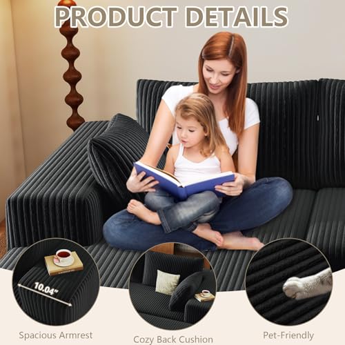 96" Cloud Sectional Couch with U-Shaped Chaise, Corduroy Sectional Sofa with Ottoman, Boneless Couch with Deep Seat in a Box for Living Room, No Assembly Required (Black, Left Facing Chaise)