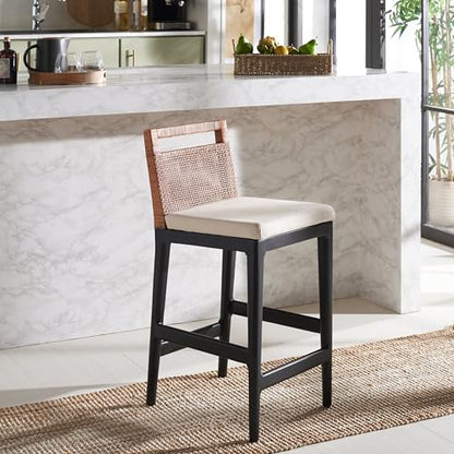 SAFAVIEH Furniture - Darin Counter Stool - Brown & White - Solid Wood - Coastal Upholstered Design - Ideal for Kitchen, Bar Area, Dining Room - Fully Assembled (BST4001D)