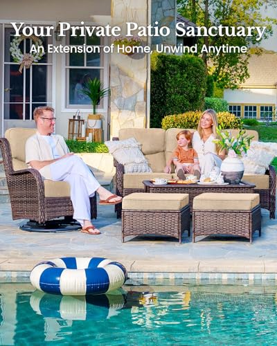 7-Piece Luxury Patio Furniture Set with 6" Thick Cushions, Weather-Resistant Wicker High Back Swivel Rocker Chairs, Senior-Friendly Outdoor Sofa Set for Large Deck, Yard and Poolside, Beige(V2)