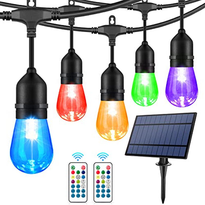 48FT Solar Outdoor RGB String Lights, 15+3 Waterproof Shatterproof LED Bulbs Dimmable Patio String Lights with Remote, Commercial Solar String Light for Patio Yard