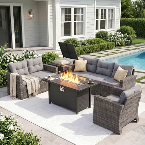 8 Pieces Outdoor Patio Furniture Set with 45” Fire Pit Table, Rattan Patio Conversation Sets with 50000 BTU Gas Fire Pit, Wicker Sectional Sofa Set with Storage Box, Gray (Without Table)