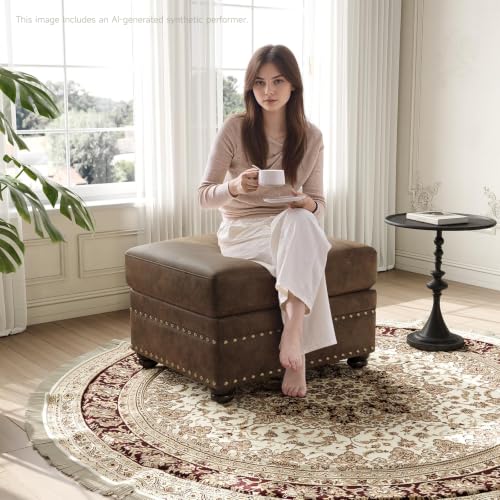 Faux Leather Ottoman with Storage, Rectangle Ottoman Coffee Table with Nailhead Trim, Solid Wood Legs, Oversized Upholstered Footrest Stool for Living Room, Bedroom, Apartment, Brown