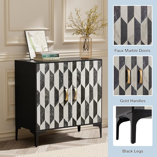 Marble Buffet Cabinbet 2 Pieces with Storage Sideboard Faux Marble Doors Buffet, view 4