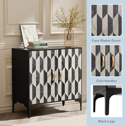 Marble Buffet Cabinbet 2 Pieces with Storage Sideboard Faux Marble Doors Buffet, view 4