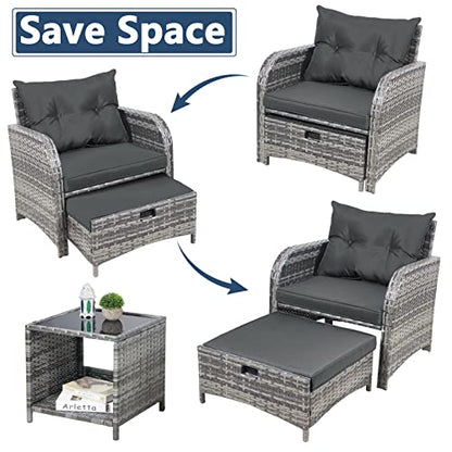 5 Pieces Wicker Outdoor Patio Chairs with Ottomans, All Weather PE Rattan Outdoor Conversation Set Bistro Patio Furniture Set with Hidden Ottoman for Porch Backyard Balcony, Grey