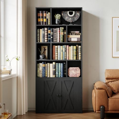 Book Shelf, Tall Bookshelf with Storage, Bookshelves and Bookcases with Doors, 4-Tier Bookcase with 8 Open Cubes for Living Room, Office, Study, Black