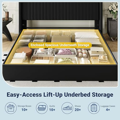 King Size Lift Up Storage Bed Frame Channel Tufted Headboard Black, view 5