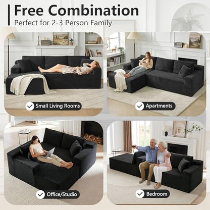 103" Black Boneless Couches for Living Room, L-Shaped Cloud Sectional Sofa with Chaise, Corduroy Foam Compression Modular Set for Apartment Home Office, No Assembly Required