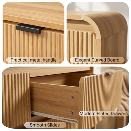 Fluted Wood Dresser with Metal Handles and Curved Profile, Natural Oak, view 7