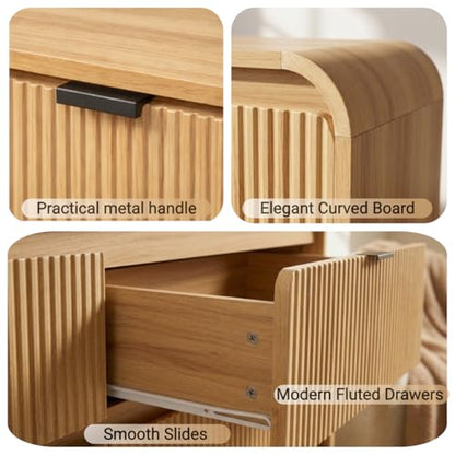 Fluted Wood Dresser with Metal Handles and Curved Profile, Natural Oak, view 7