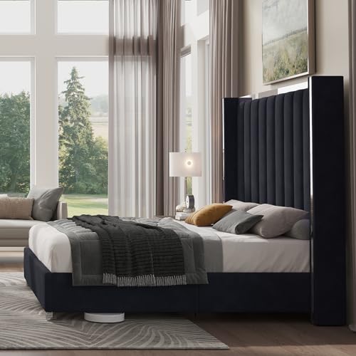 Queen Upholstered Bed Frame with 58" Tall Headboard,Black, view 5