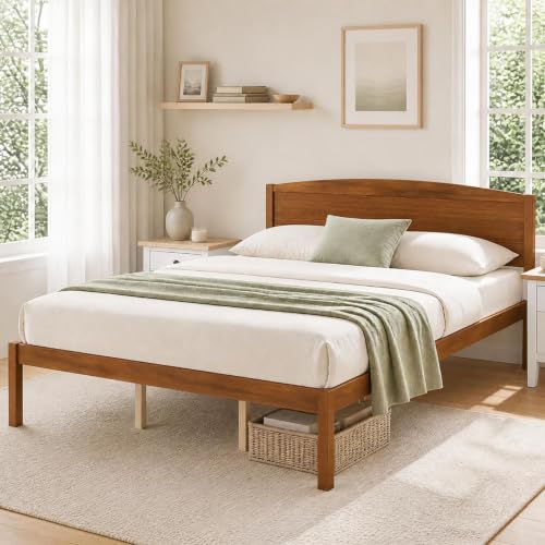 Queen Size Bed Frame, Wooden Platform Bed with Curved Headboard, view 4
