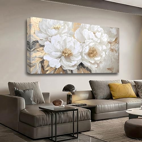 Platinum Peony Picture Print Canvas Wall Art Living Room Office Bedroom Wall Decor Floral Wall Art Prints Modern Gold White Landscape Artwork Waterproof Ready to Hang - 20x40 inches