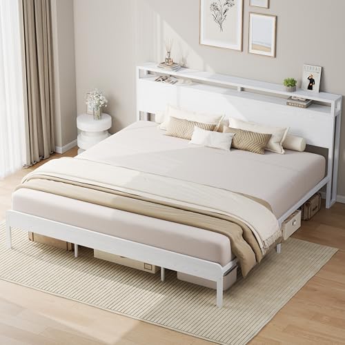 King Size Bed Frame with 2-Tier Storage Shelf Headboard, view 6