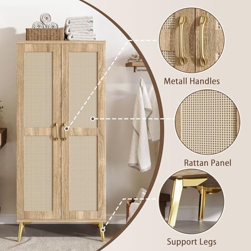 Tall Bathroom Storage Cabinet 57" Rattan Pantry Cabinet, Wood | With Doors and Adjustable Shelves, Freestanding Linen Closet & Wardrobe for Bathroom Laundry Bedroom, Anti-Tipping Device