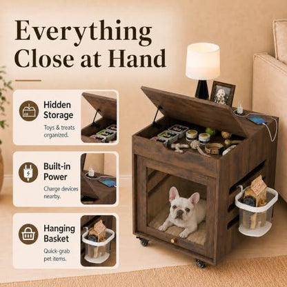 Small Dog Crate Furniture with Flip-Up Glass Door & Lockable Wheels, view 6