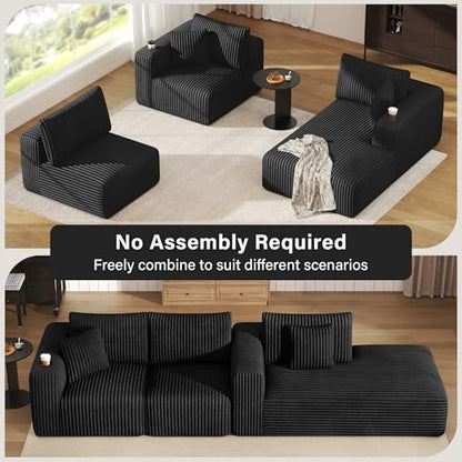 Modular Sectional Sofa, Cloud Boneless Couch with Deep Seat, Cup Holder, Memory Foam, Corduroy L Shaped Couch Convertible Sofa Bed for Living Room Bedroom, No Assembly Required
