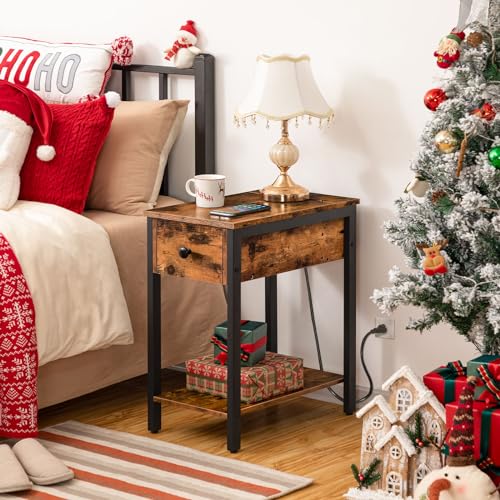 End Table with Charging Station, Narrow Side Table, Small Nightstand, Bedside Tables with Drawer and Storage Shelves, for Small Spaces, Living Room, Bedroom, Rustic Brown and Black BF041BZ01G1