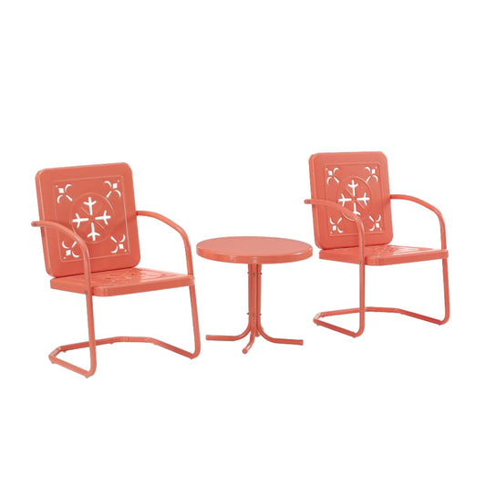 Azalea 3-Piece Vintage Outdoor Chair and Side Table Set, Retro Metal Patio Conversation Sets, Coral Gloss