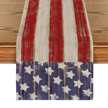 American Flag Stars and Stripes 4th of July Table Runner,Memorial Day Kitchen Dining Table Decoration for Home Party Decor 13x72 Inch