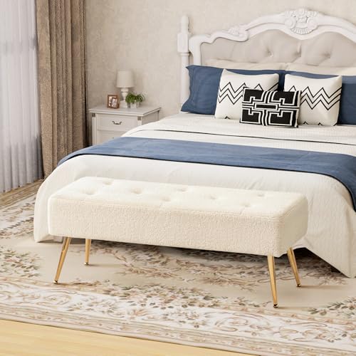 Faux Fur Boho Bench Ottoman Upholstered Tufted Bench with Padded Seat, Footrest Foot Stool with Sturdy Metal Leg, for Bedroom Living Room Entryway
