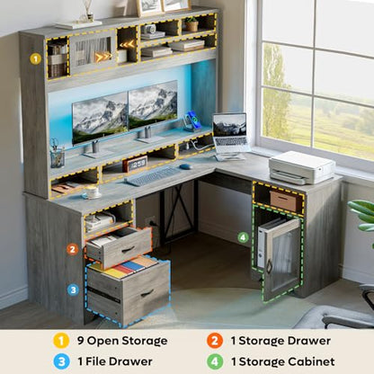 Farmhouse 63" L Shaped Desk with Hutch, Wood Computer Desk with Drawers, Charging Station, LED Light, Fluted Sliding Door Cabinet, Monitor Stand, Executive Desk for Home Office, Grey