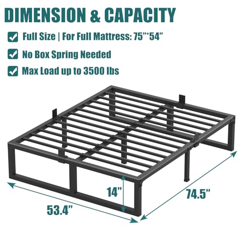 Full Size Bed Frame, 14 Inch Heavy Duty Support 3500 lbs Metal Platform, view 4
