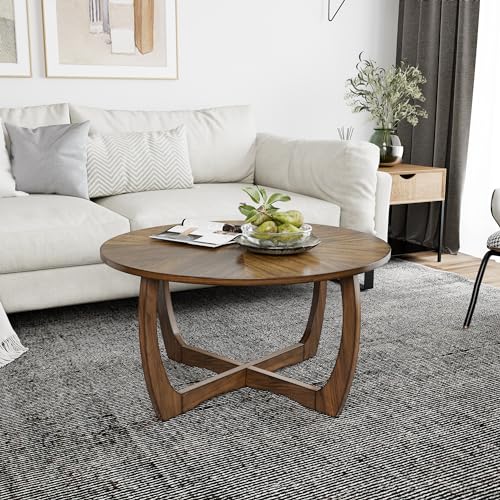 33.5"D Round Wood Coffee Table with Curved Legs, Wood Grain Top | Brown Walnut Wood Tabletop & Legs, Farmhouse Cocktail Table for Living Room, Solid Circle Center Wooden Table