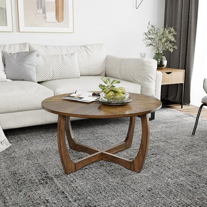 33.5"D Round Wood Coffee Table with Curved Legs, Wood Grain Top | Brown Walnut Wood Tabletop & Legs, Farmhouse Cocktail Table for Living Room, Solid Circle Center Wooden Table