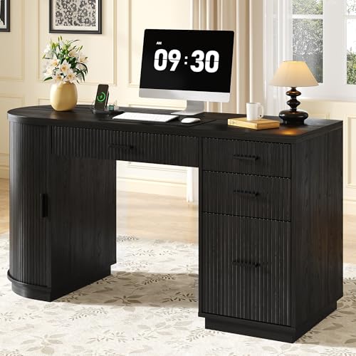 58 Inch Fluted Executive Desk, Computer Desk with Storage Drawers & File Drawer, Modern Home Office Desk with Charging Station for Working, Studying, Writing, Black