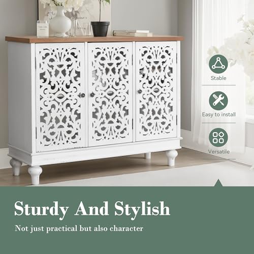 Sideboard and Buffet with Storage, 3-Door Hollow-Carved Accent Cabinet, Distressed Wood Storage Cabinet Cupboard for Kitchen, Dining Room, Living Room, Entryway, White