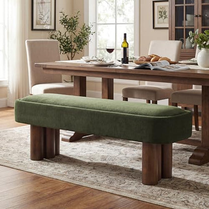 60.04" Green Upholstered Dining Bench with Walnut-Finished Rubberwood Legs – Fabric Seating Bench for Kitchen, Dining Room, Living Space, Supports 250 lbs