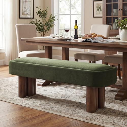 60.04" Green Upholstered Dining Bench with Walnut-Finished Rubberwood Legs – Fabric Seating Bench for Kitchen, Dining Room, Living Space, Supports 250 lbs