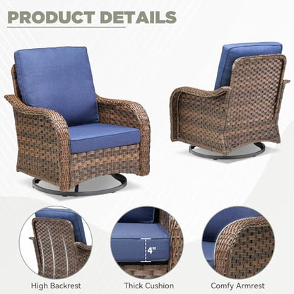 2 PCS Patio Swivel Rocking Chairs, Outdoor Wicker Furniture with 4-Inch Thick Olefin Cushions, 300 lbs Capacity Swivel Rocker Chairs with Curved Armrests for Porch, Garden, Backyard, Blue